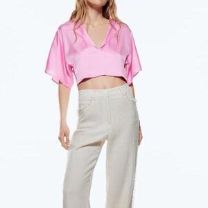 Zara Cropped Blouse Satin, v-neck, cropped Women's Top blogg favorite